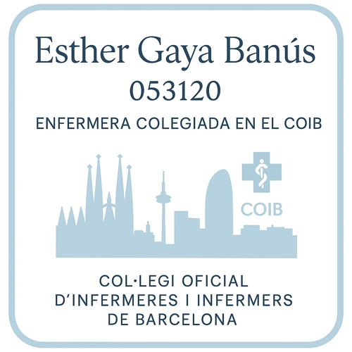 Certificado oficial de Esther Gaya Banús como enfermera colegiada COIB 053120 del Colegio Oficial de Enfermería de Barcelona